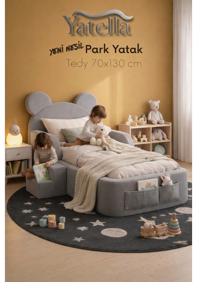 Yatella Luxury Tedyy Baza Ve Başlıklı Montessori Full Sünger Yatak Seti 70 X 130 Gri