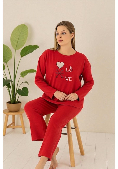 Uzun Kollu Polar Pijama Takımı Kırmızı Love Baskılı Xl Kırmızı