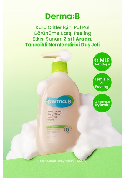 Kuru Ciltler İçin Peeling Etkisi Sunan Tanecikli Nemlendirici Duş Jeli Derma:b Fresh Scrub Body Wash