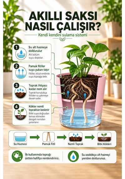 Akıllı Saksı Kendinden Sulamalı Fitilli Modern Dekoratif Saksı 2 Litre 70160191