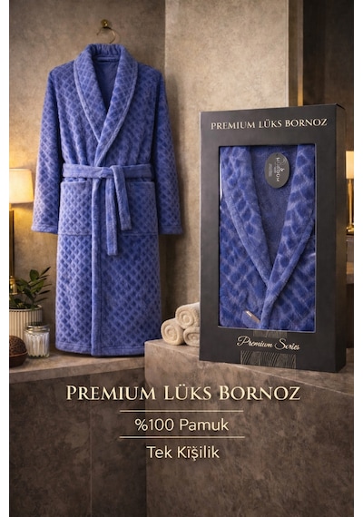 %100 Pamuktan Üretim Premium Lüks Bornoz Özel Çantalı Mavi