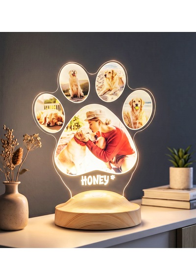 Pati Tasarımlı Köpek Fotoğraflı Led Lamba - İsim Yazılı Köpek Sahibine Doğum Günü Hediyesi