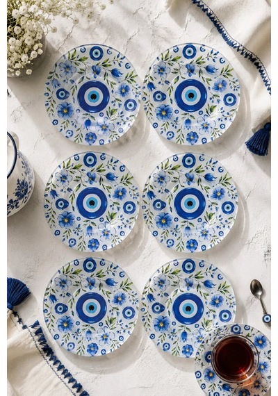 6 Lı Cam Çay Tabağı - Nazar Boncuklu Mavi Çiçek Desenli 12 Cm - 6 Adet Çay Tabak Lacivert