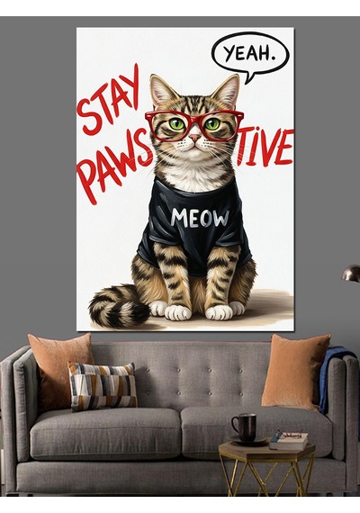 Ahşap Tablo Gözlüklü Kedi Yazılı Poster