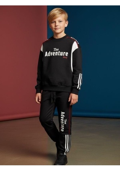 Zekids Erkek Çocuk Adventure Yazılı Şerit Detaylı Baskılı Eşofman Takım-16655 Siyah