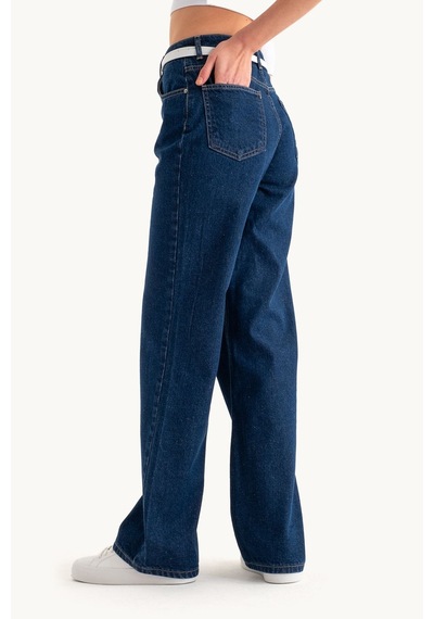 Hiccup Yüksek Bel Geniş Paçalı Kot Pantolon Koyu Mavi Denim