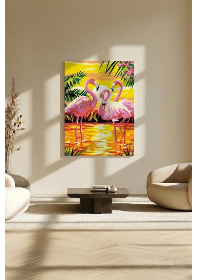 Sayılarla Boyama Seti 40 X 50 Cm Tuval Şasesine Gerili Flamingo Ailesi