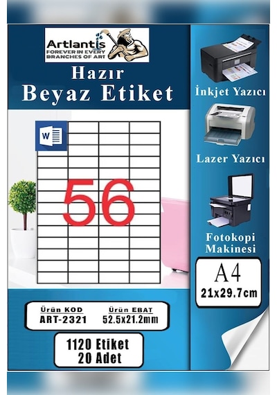 A4 Hazır Etiket 52.5x21.2 Mm 20 Sayfa 1 Paket 56 Lı Kendinden Yapışkanlı Fotokopi Lazer İnkjet Kağıdı Yazıcılar İçin Uyumlu