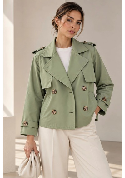 Bb Butik Basic Kısa Kruvaze Trençkot Düğme Detaylı Modern Kesim Qn3434 Su Yeşili