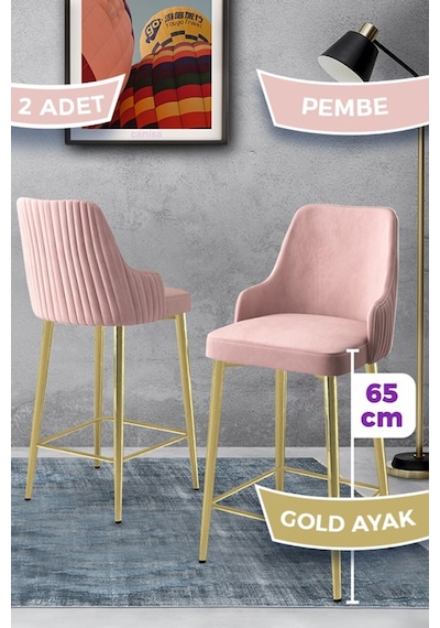 Canisa Tera Serisi 2 Adet Babyface Kumaş 65 Cm Gold Kaplama Ayaklı Pembe Bar Sandalyesi Pembe Sandalye Gold Kaplama Ayak
