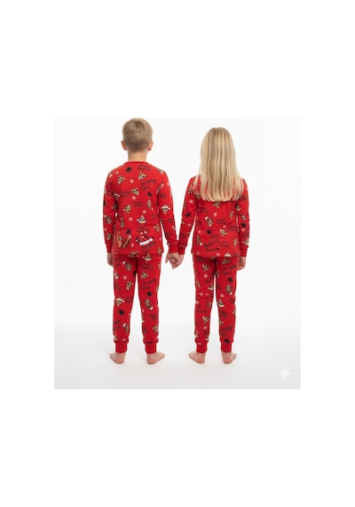 Kırmızı Renkli Baskılı Unisex Pijama Takımı %100 Pamuk Kırmızı