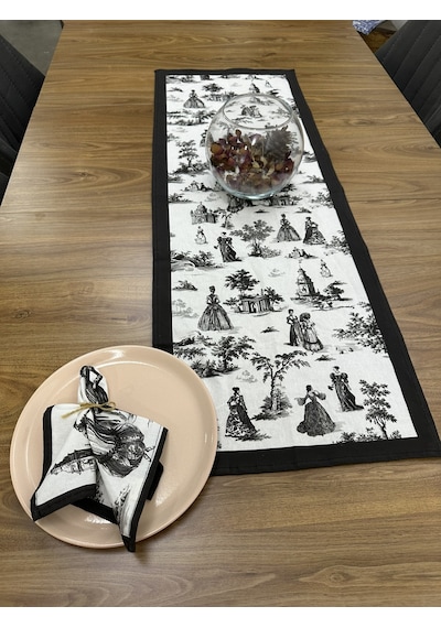Toile De Jouy Paris Runner 40x110 Cm %100 Pamuk Dijital Baskılı Masa Örtüsü Klasik Fransız Tarzı Masa Dekoru - Zt700 Siyah