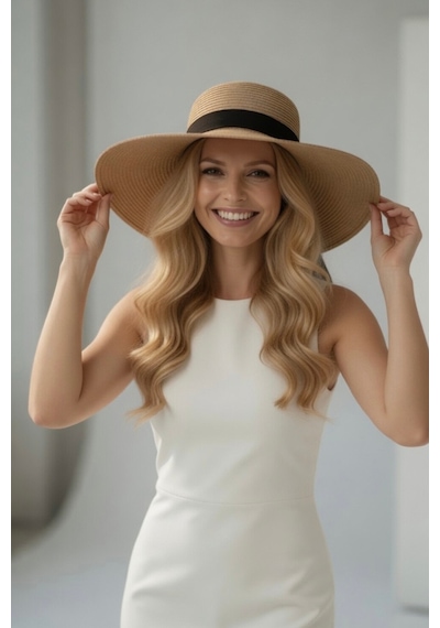 Mollycrush Kadın Camel Hasır Siyah Fiyonk Detaylı Plaj Şapkası Geniş Kenarlı Güneş Koruyucu Yazlık Fötr Camel-siyah