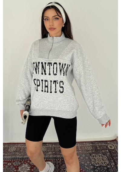 Noa & Noa Kadın Fermuarlı Baskılı Sweatshirt Downtown Energy Gri