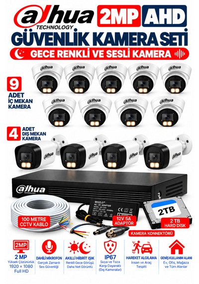 13'lü 2mp Ahd Full Color Renkli Gece Görüş Sesli Kamera Seti