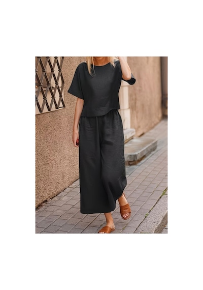 Butik İstanbul Kadın Kısa Kollu Kayık Yakalı Bluz Ve Pantolon Ikili Takım Siyah