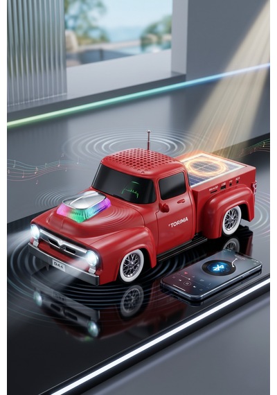 Bluetooth Hoparlör Güneş Enerjili Kamyon Tasarımlı Fm Usb Tf Speaker D44 Kırmızı