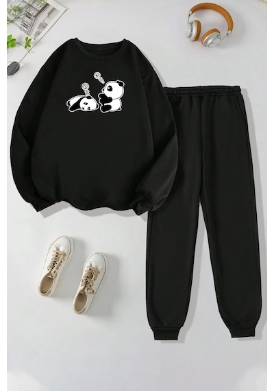 Uyguntarz Unisex Uykucu Panda Baskılı Bisiklet Yaka Eşofman Takımı Siyah