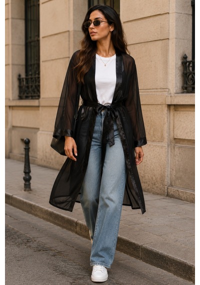 Qmen Style Kadın Şifon Kimono- Pijama - Şort Seti Siyah