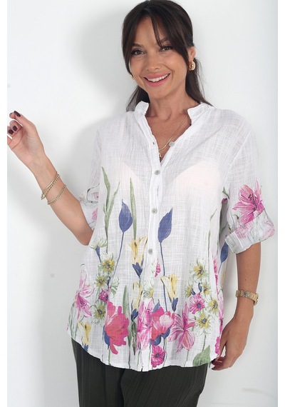 By Saygı Kadın İtalyan Etek Uçları Ve Kolları Büyük Çiçekli Oversize Cotton Gömlek Beyaz