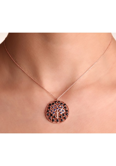 Kuyumcudukkani Siyah Zirkon Taşlı Daire İçinde Hayat Ağacı Kolye-20190-r-blk Rose Gold