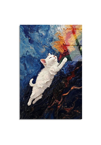 Beyaz Kedi Tırmanıyor - Cam Tablo - Deg1533 70 X 110 Cm