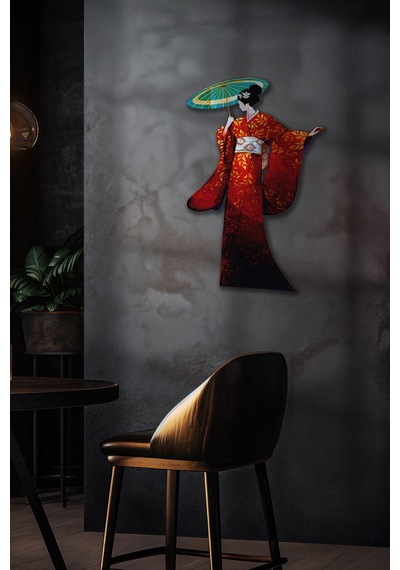 Geisha Japon Sanat Tasarımlı Metal Duvar Dekoru Kırmızı Kimono Figürü