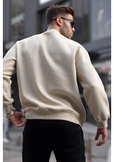 Madmext Bej Bisiklet Yaka Oversize Şardonlu Basic Erkek Sweatshirt 6048-bej Bej