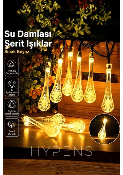 Solar Damla Led 5m 20 Ledli Günışığı 8 Modlu Dekoratif Bahçe Ve Balkon Süs Işığı Sarı