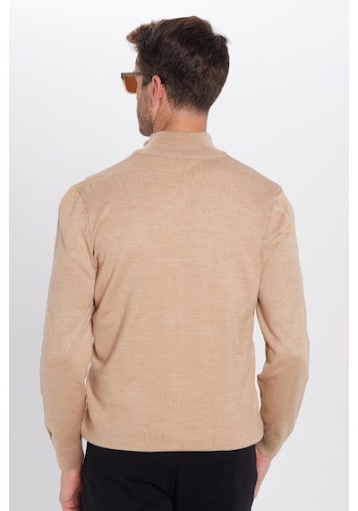 Tudors Unisex Slim Fit Dar Kesim Bej Dik Yaka Fermuarlı Düz Hırka-32262 Bej
