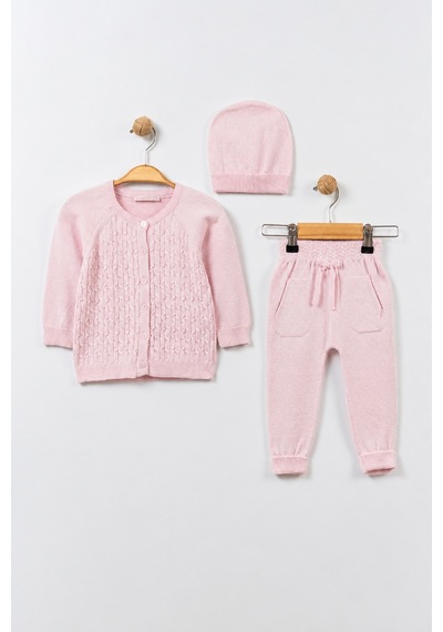 Babyhola Unisex Triko Saç Örgülü Alt Üst Bere 3'lü Takım 22108 Pembe