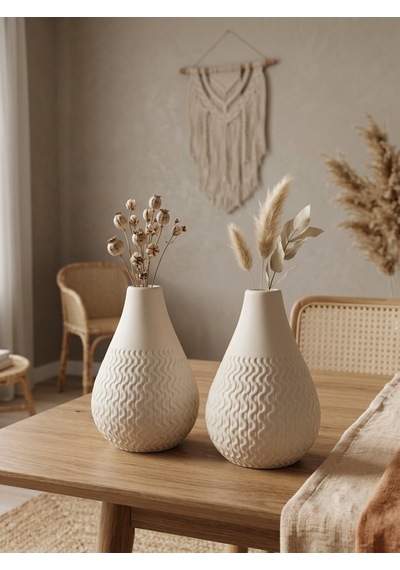 Kaveld Vela 2'li El Yapımı Mermer Tozu Vazo, Armut Form Minimalist Kuru Çiçek Vazоsu Dogalhasır