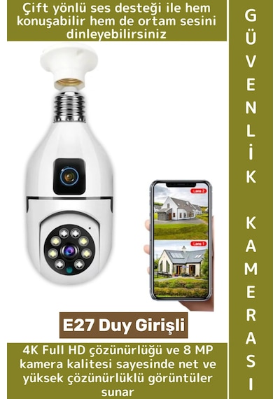 Wintoup Ev Çocuk Odası Gece Görüş İki Yön Ses Full Hd Çift Lensli E27 Duy Girişi Kablosuz Wi-fi Ampul Kamera