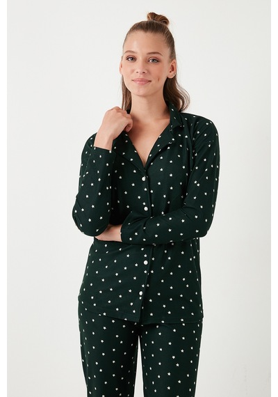 Lela Streç Standart Fit Düğmeli Bayan Pijama Takımı 60956601 Yeşil