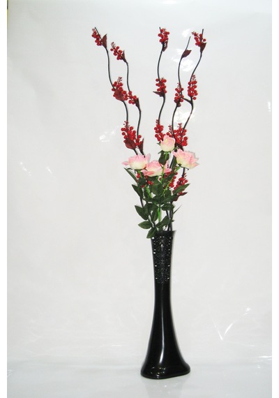 5 Kırmızı Üzüm Dallı 60cm Siyah Desenli Uzun Vazo Pembe Gül
