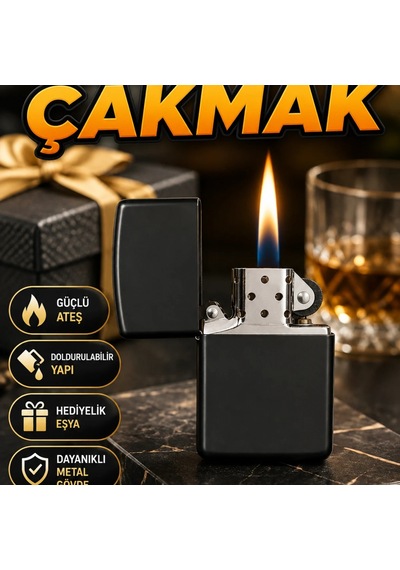 Parlak Siyah Doldurulabilir Deri Kaplamalı Şık Çakmak Hediye Aksesuar