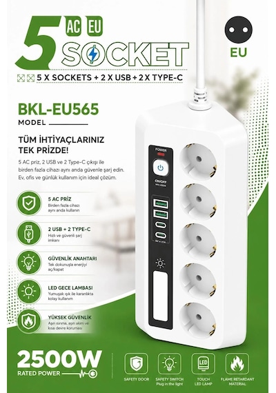 5 Li Akım Korumalı Priz 2500w 2 Usb + 2 Type-c Hızlı Şarj Led Gece Lambalı Dokunmatik Beyaz 1