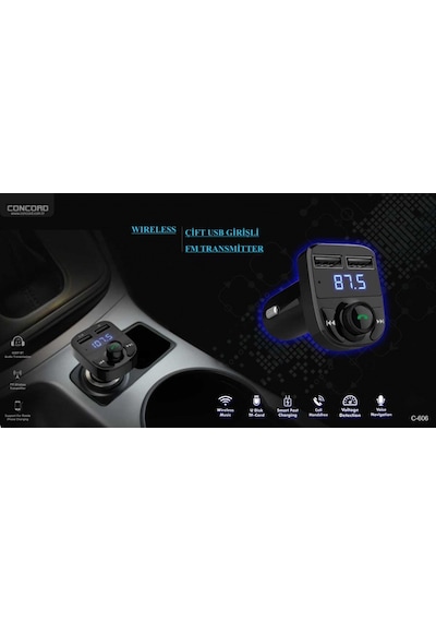 Concord C-606 3.1A Çift Usb Tf Bt Fm Transmitter
