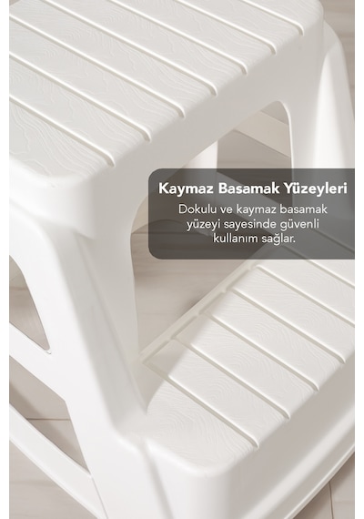 Büyük Boy 2 Basamaklı Merdiven Tabure - Kaydırmaz Tabanlı Çok Amaçlı Basamak Tabure Beyaz