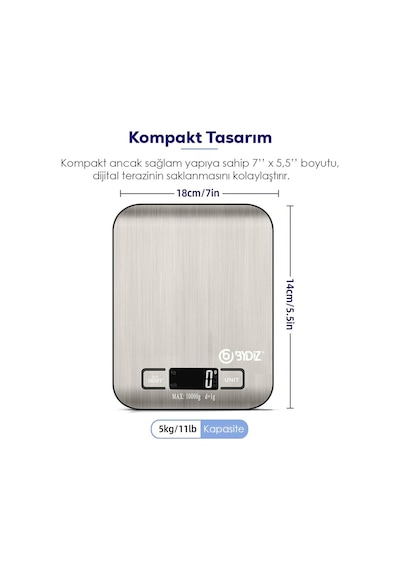 Bydiz Dijital Mutfak Terazisi 10 Kg 1 Gr Hassas Mutfak Tartısı Paslanmaz Çelik Yüzey + Pil Hediyeli BY-005