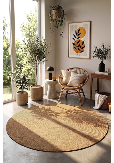 Nostera Örgü Hasır Görünümlü Yuvarlak Daire Dekoratif Kilim Kahverengi