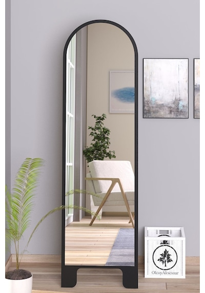 Siyah 120x43 Cm Ayaklı Tek Kubbeli Salon Antre Çocuk Odası Banyo Wc Yatak Odası Boy Aynası Siyah