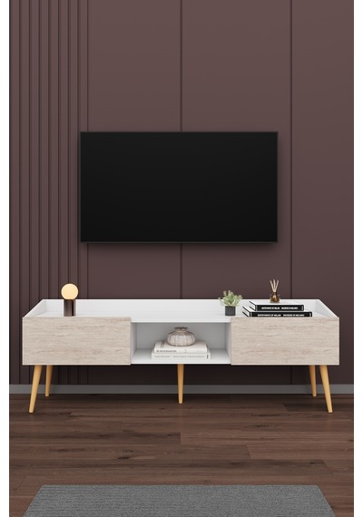 Asra Trend Tv Ünitesi Tv Sehpası T-28 %100 MDF Ayaklı Modern Medya Ünitesi Beyaz - Sidon