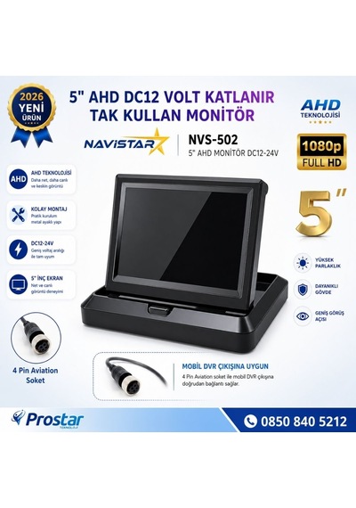 5 İnç Ahd Katlanabilir Araç Monitörü - 1080p, Mobil Dvr Uyumlu 4-pin, Dc12-24v