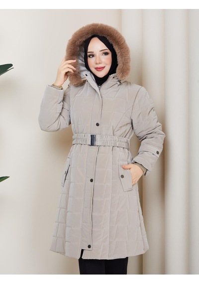 Eslemnur Nova Kumaş Şişme Mont 100cm Vizon