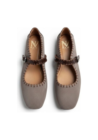 Ne&ve Shoes Vizon Süet Kahve Deri Garnili Biye Detaylı Kadın Kare Burun Babet