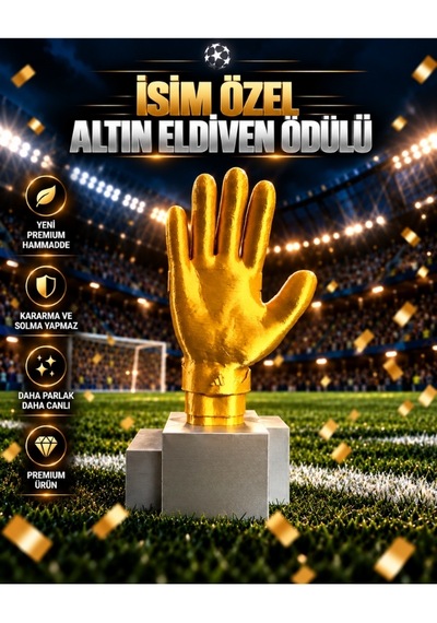 İsime Özel Altın Eldiven Futbol Kaleci Ödülü Maketi Dekoratif Kupa 20cm