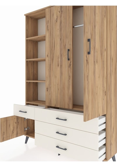 Arges Dolap 5 Raflı 4 Çekmeceli Tek Askılı 132x30x195 Çam-çam... Çam