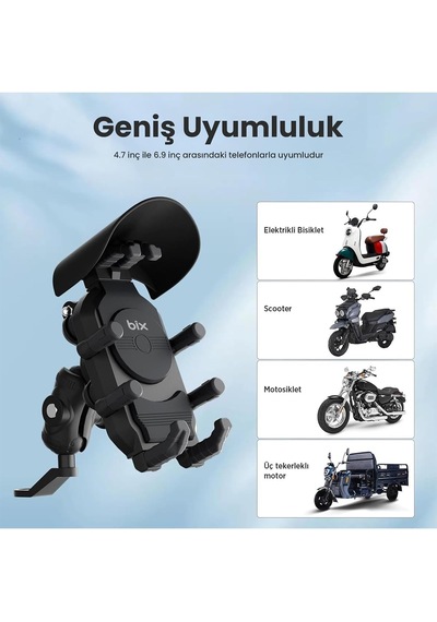 Vothoon Ayna Bağlantılı Güneş Ve Yağmur Korumalı 360 Derece Ayarlanabilir Motosiklet Telefon Tutucu