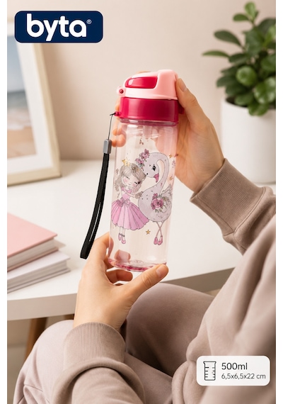500 Ml Çocuk Matara Kilitli Kapaklı Pipetli Su Matarası Taşıma Askılı Bpa Free Pembe Kuğu Desenli Pembe